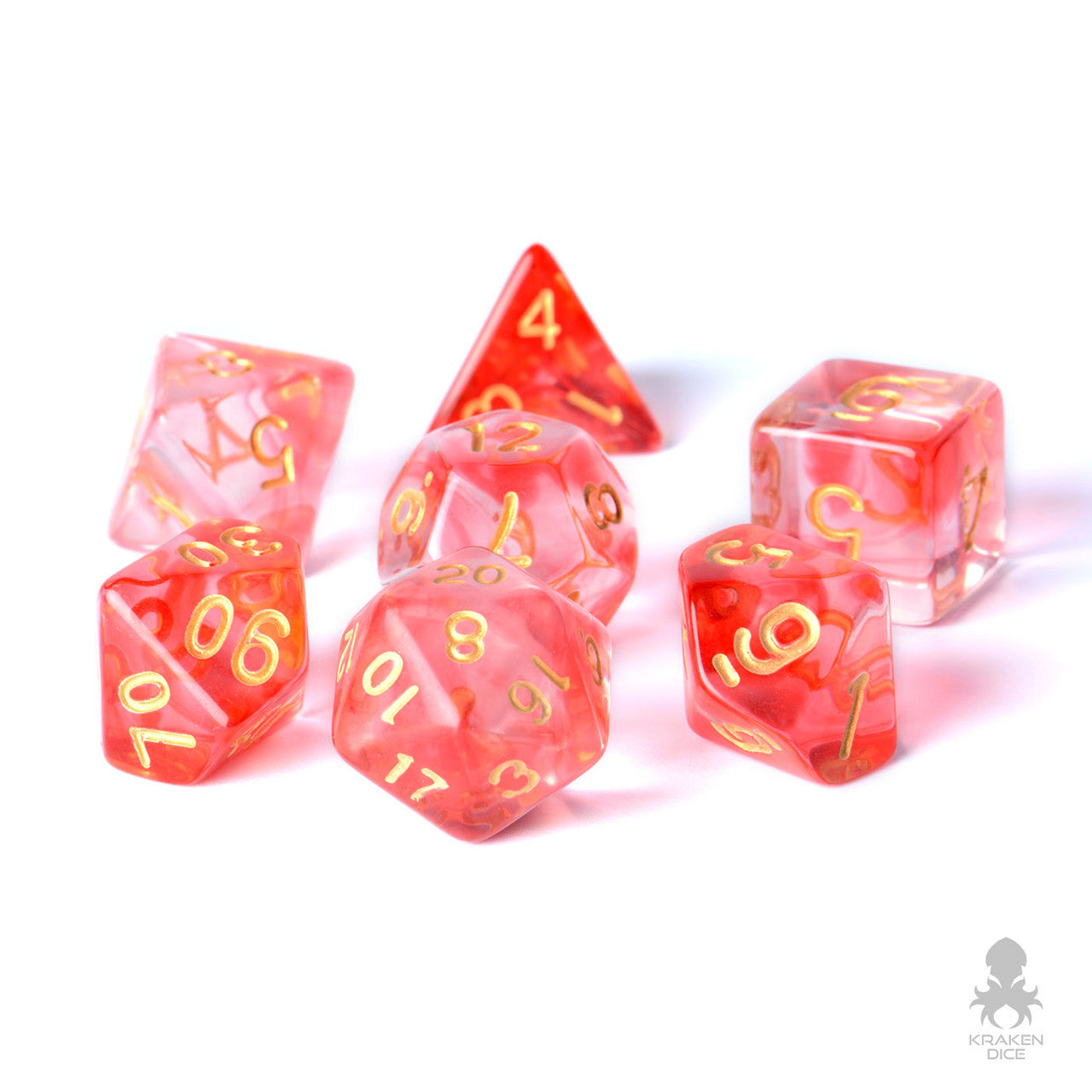 Sanguine Fog Translucent 7pc Dice Set With Red Swirls and Gold Ink